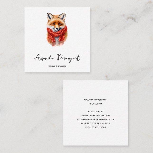 Cute Fox in a Red Scarf Autumn Image Square Business Card (Front/Back)