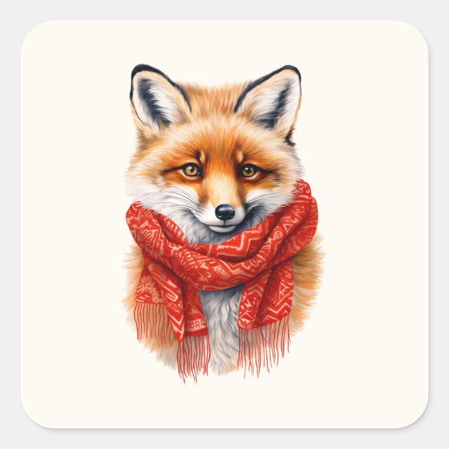 Cute Fox in a Red Scarf Autumn Image Square Sticker (Front)