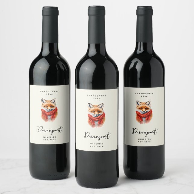 Cute Fox in a Red Scarf Autumn Image Wine Making Label (Bottles)