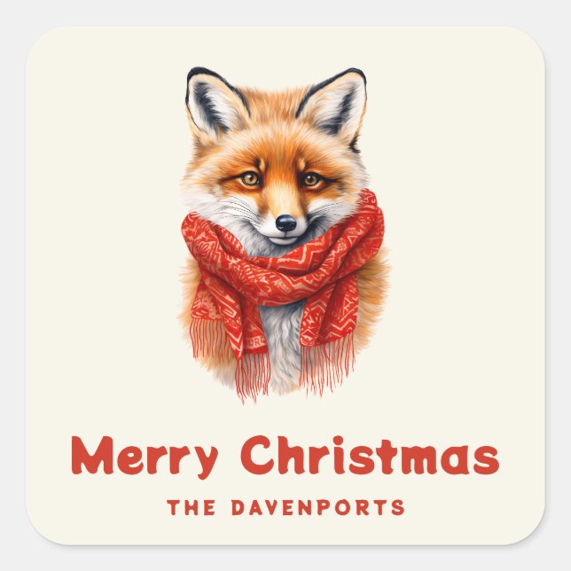 Cute Fox in a Red Scarf Winter Christmas Square Sticker (Front)