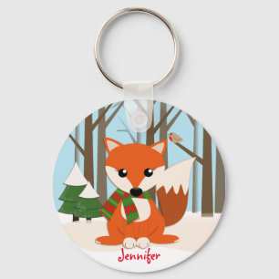 Cute Fox in a snowy forest & custom name Keychain