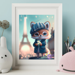 Cute Fox in Blue, Paris Eiffel Tower Personalized  Poster