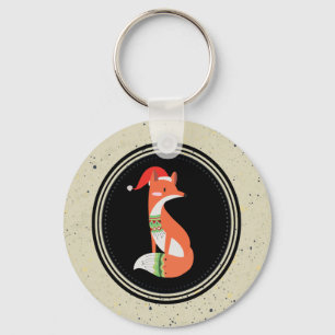 Cute Fox in Christmas Hat inside a Black Circle Keychain
