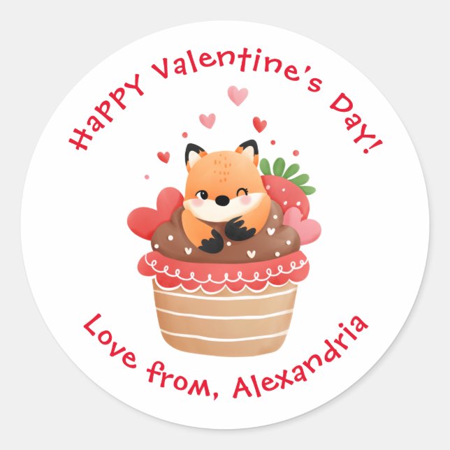 Cute Fox in Cupcake Custom Kids Valentine's Day Classic Round Sticker (Front)