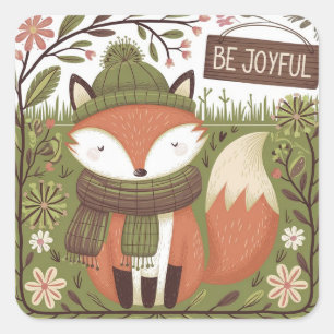 Cute fox in nature with happy message square sticker