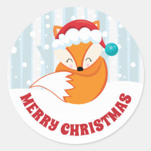 Cute Fox in Santa Hat in Snowy Woodland Christmas Classic Round Sticker