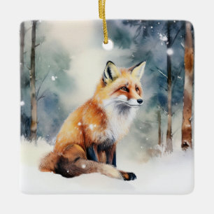 Cute Fox In Snow Covered Forest Ceramic Ornament