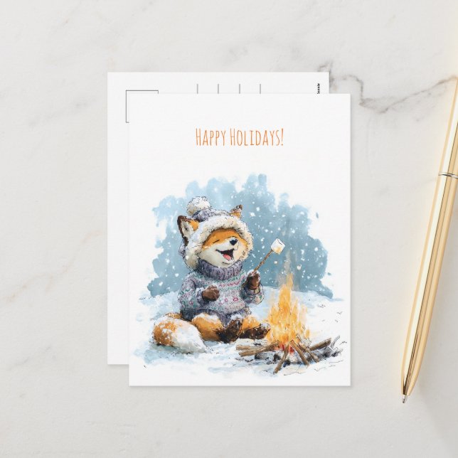 Cute fox in warm sweater roasting marshmallows,  holiday postcard (Front/Back In Situ)