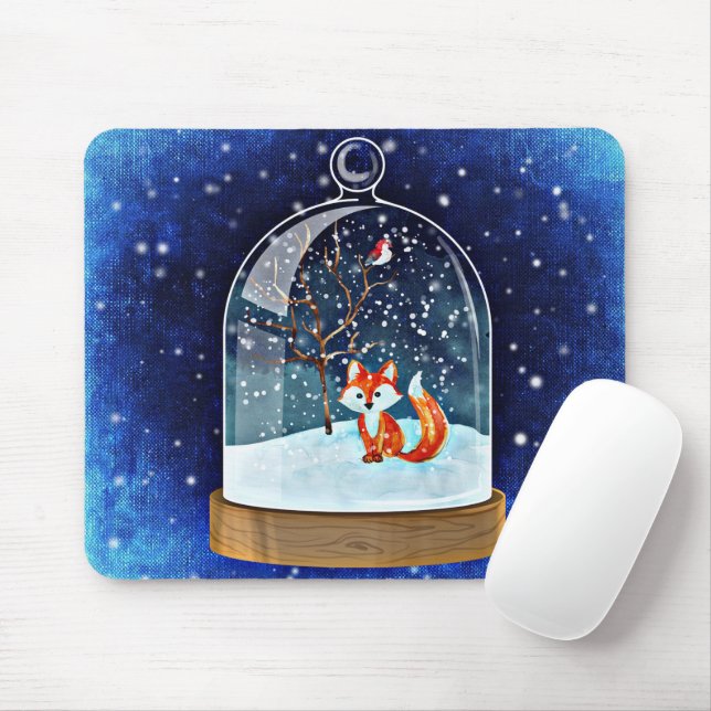 Cute fox inside a snow globe mouse pad (With Mouse)
