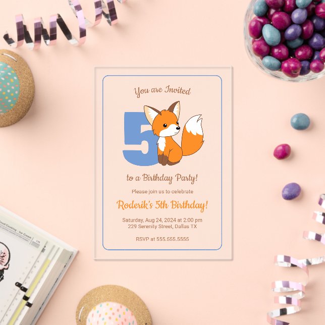 Cute Fox Kids 5th Birthday Acrylic Invitations (Insitu (Celebration))