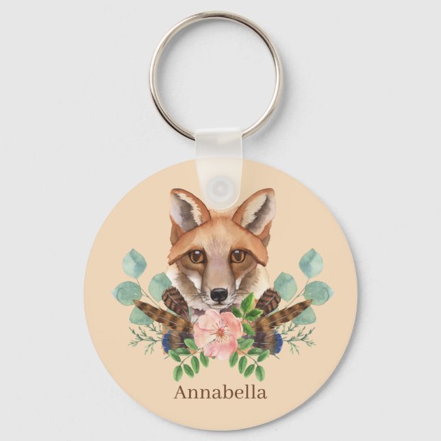 cute fox lovers add name keychain (Front)