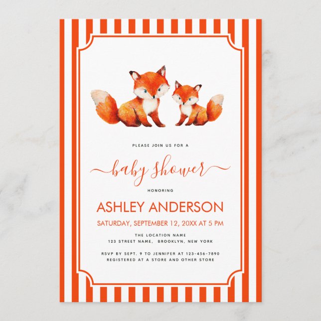 Cute Fox Mama and Baby Shower Animals Red Stripes Invitation (Front)