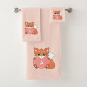 Cute Fox & Monogram on Light Coral Pink Bath Towel Set