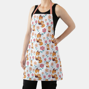 Cute fox mother with baby and flowers pattern apron