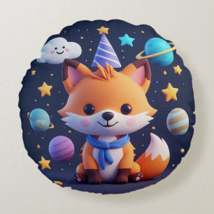 Cute Fox on a Smiling Cloud With Planets and Stars Round Pillow