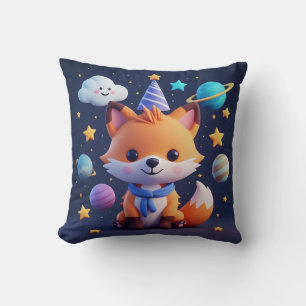 Cute Fox on a Smiling Cloud With Planets and Stars Throw Pillow