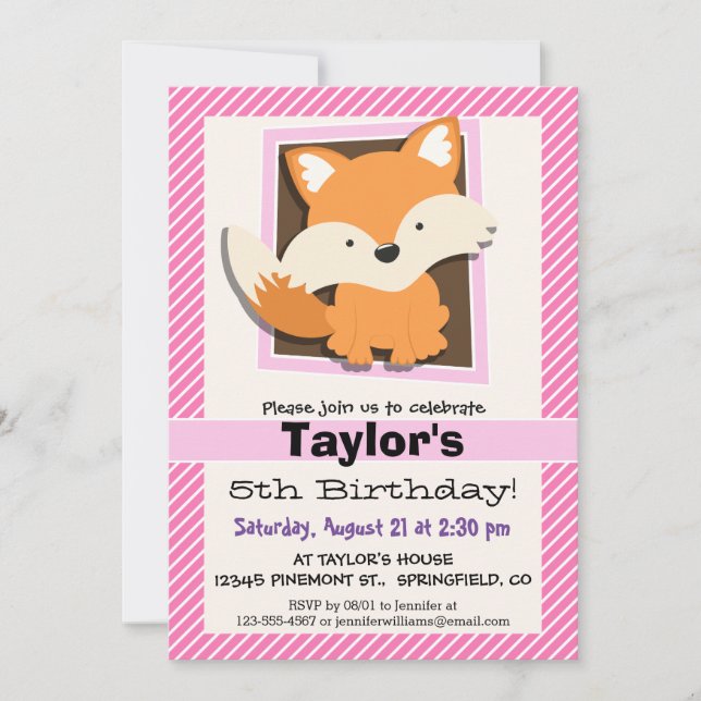Cute Fox on Pink & White Stripes Invitation (Front)