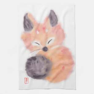 Cute Fox Oriental Style Watercolor Painting Art Kitchen Towel
