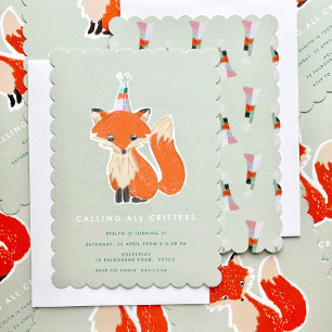 Cute Fox Party Hat Woodland Birthday Invitation