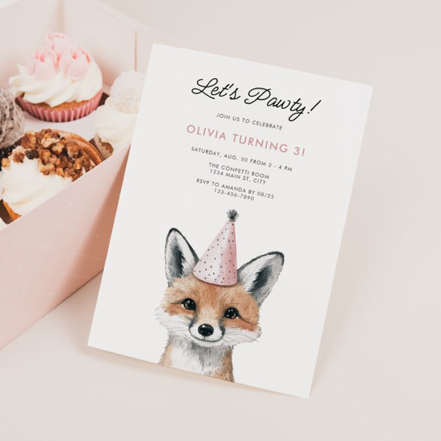 Cute Fox Party Hat Woodland Birthday Invitation (Party Animal Fox Birthday Invite)