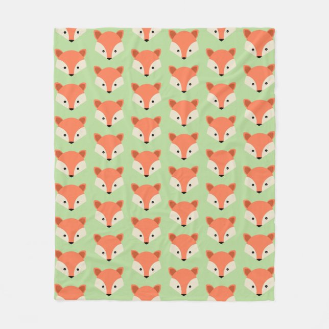 Cute Fox Pattern on Green Fleece Blanket (Front)