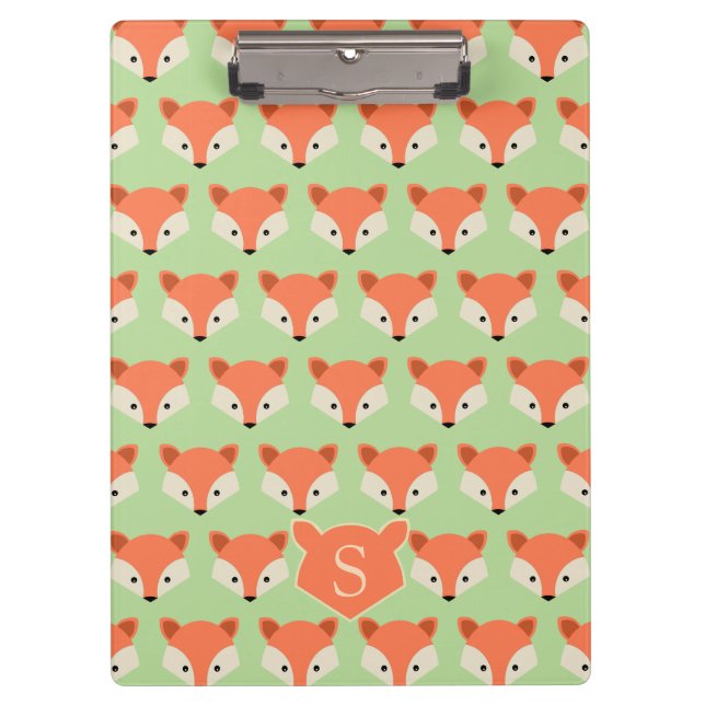 Cute Fox Pattern on Green Monogram Clipboard (Front)