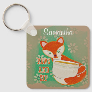 Cute Fox Paws and Sip Quote Personalised Keychain