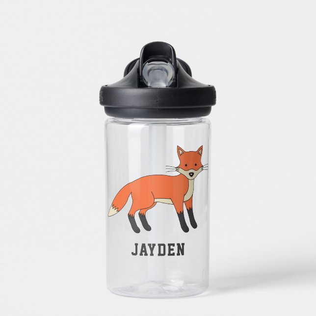 Cute Fox Personalized Custom Name Back To School Water Bottle (Front)