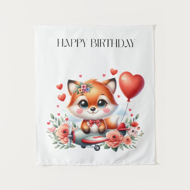 Cute Fox Pilot Birthday Tapestry (Front)
