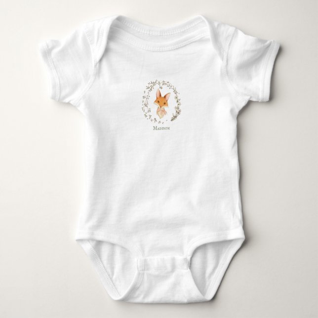Cute Fox Pink Bow Personalized Name Baby Bodysuit (Front)