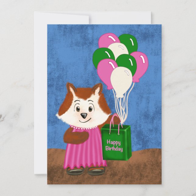 Cute Fox Pink Dress Balloons Happy Birthday Gift (Front)