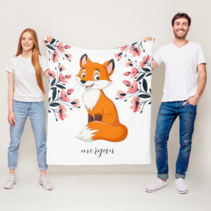 Cute Fox Pink Flowers Child's Name or Your Message Fleece Blanket