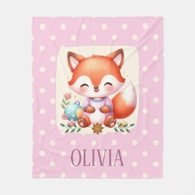 Cute Fox Polka Dot Elegant Personalized Fleece Blanket (Front)