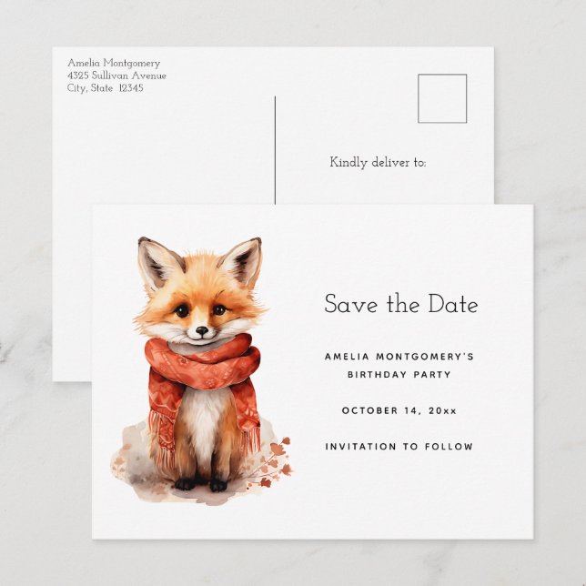 Cute Fox Pup in a Red Scarf Announcement Postcard (Front/Back)