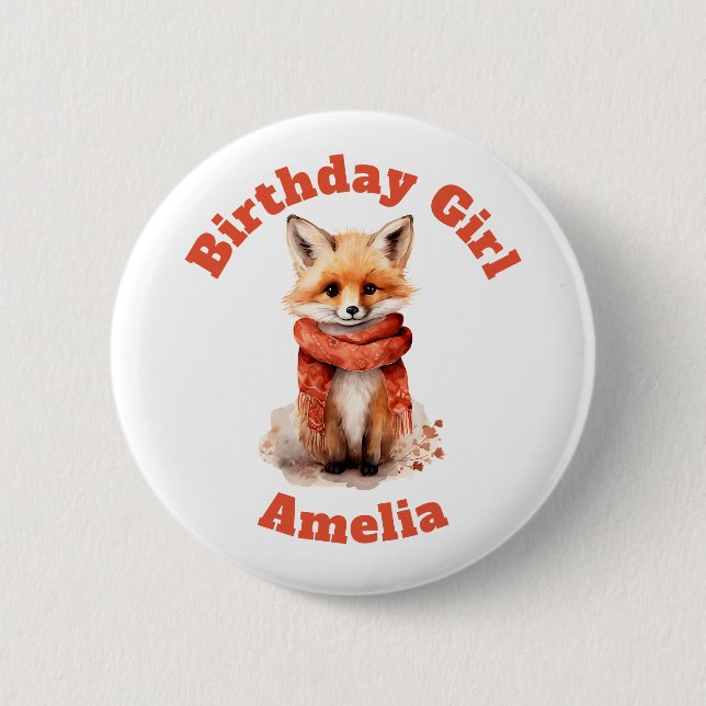 Cute Fox Pup in a Red Scarf Birthday Girl 2 Inch Round Button (Front)