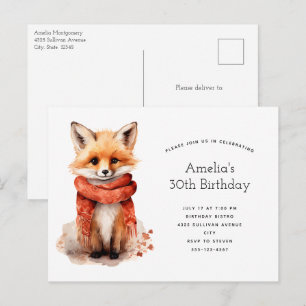Cute Fox Pup in a Red Scarf Birthday Invitation Postcard