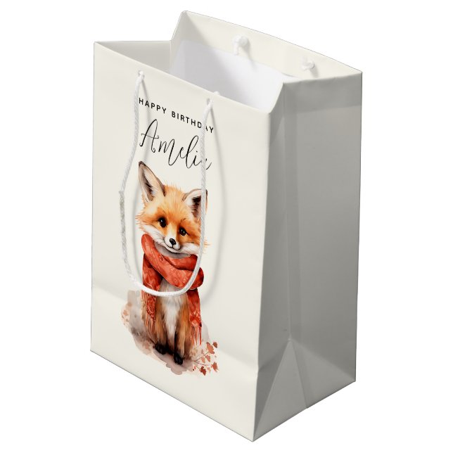 Cute Fox Pup in a Red Scarf Birthday Medium Gift Bag (Back Angled)