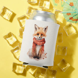 Cute Fox Pup in a Red Scarf Can Cooler