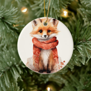 Cute Fox Pup in a Red Scarf Ceramic Ornament