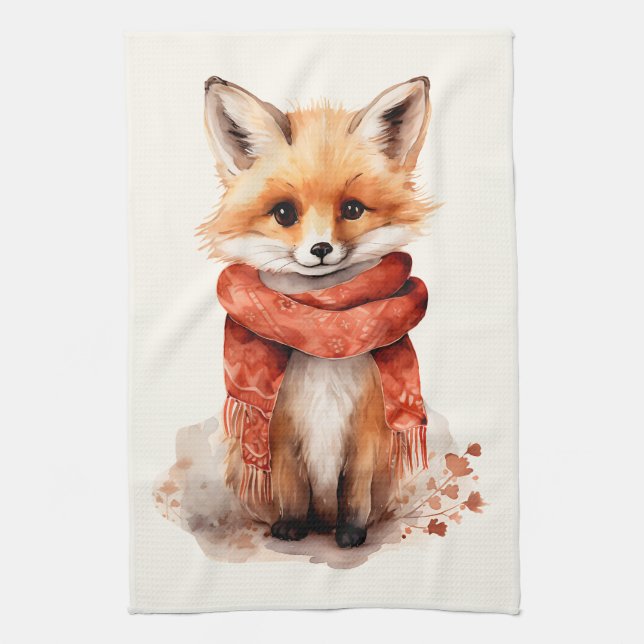 Cute Fox Pup in a Red Scarf Kitchen Towel (Vertical)