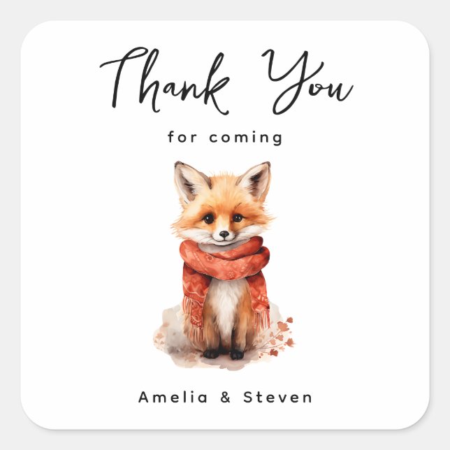 Cute Fox Pup in a Red Scarf Thank You Square Sticker (Front)
