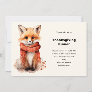 Cute Fox Pup in a Red Scarf Thanksgiving Dinner Invitation