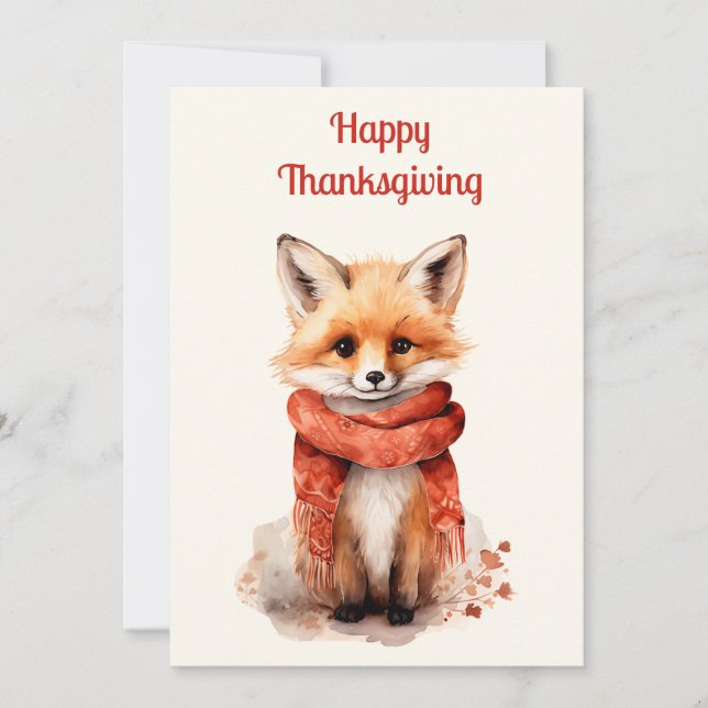 Cute Fox Pup in a Red Scarf Thanksgiving Holiday Card (Front)