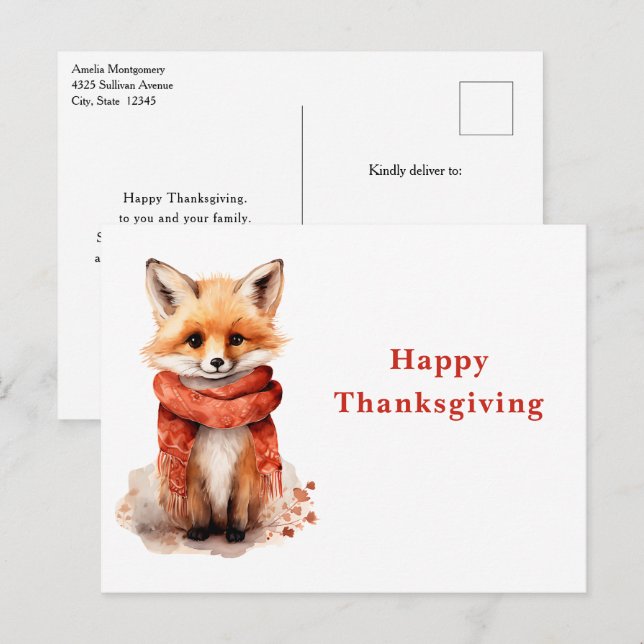 Cute Fox Pup in a Red Scarf Thanksgiving Holiday Postcard (Front/Back)