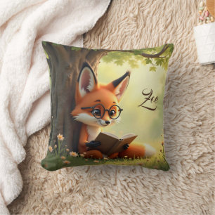 Cute fox reading a book, custom kids throw pillow