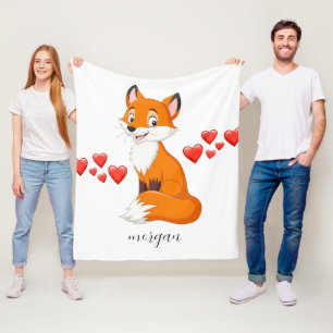 Cute Fox, Red Hearts, Child's Name or Your Message Fleece Blanket