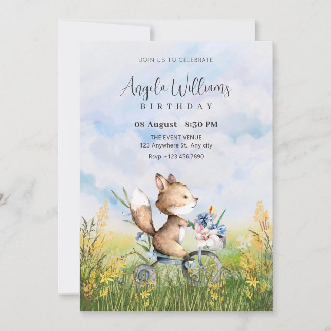 Cute fox riding a bicycle birthday invitation (Front)