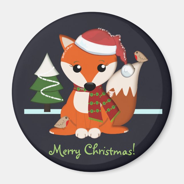 Cute Fox, robins, Xmas tree and custom text Magnet (Front)