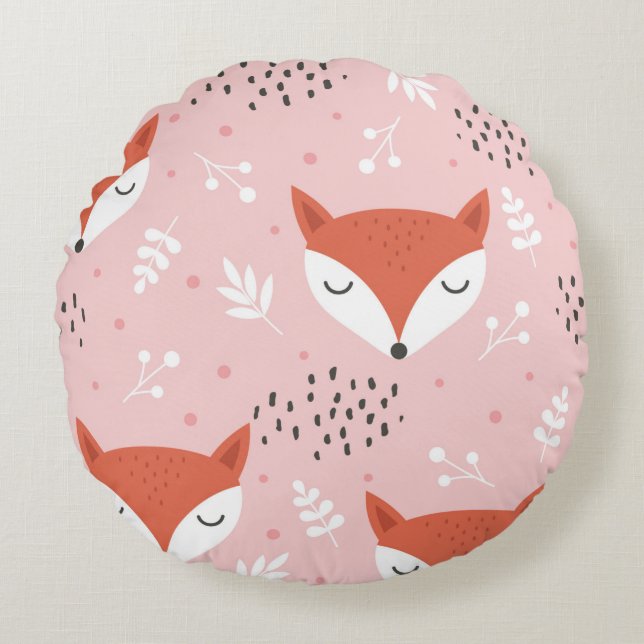 Cute fox seamless pattern, wolf hand drawn forest  round pillow (Front)