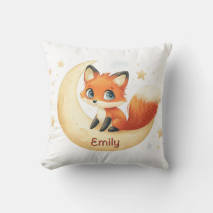 Cute Fox Sitting on the Moon with Stars Throw Pillow